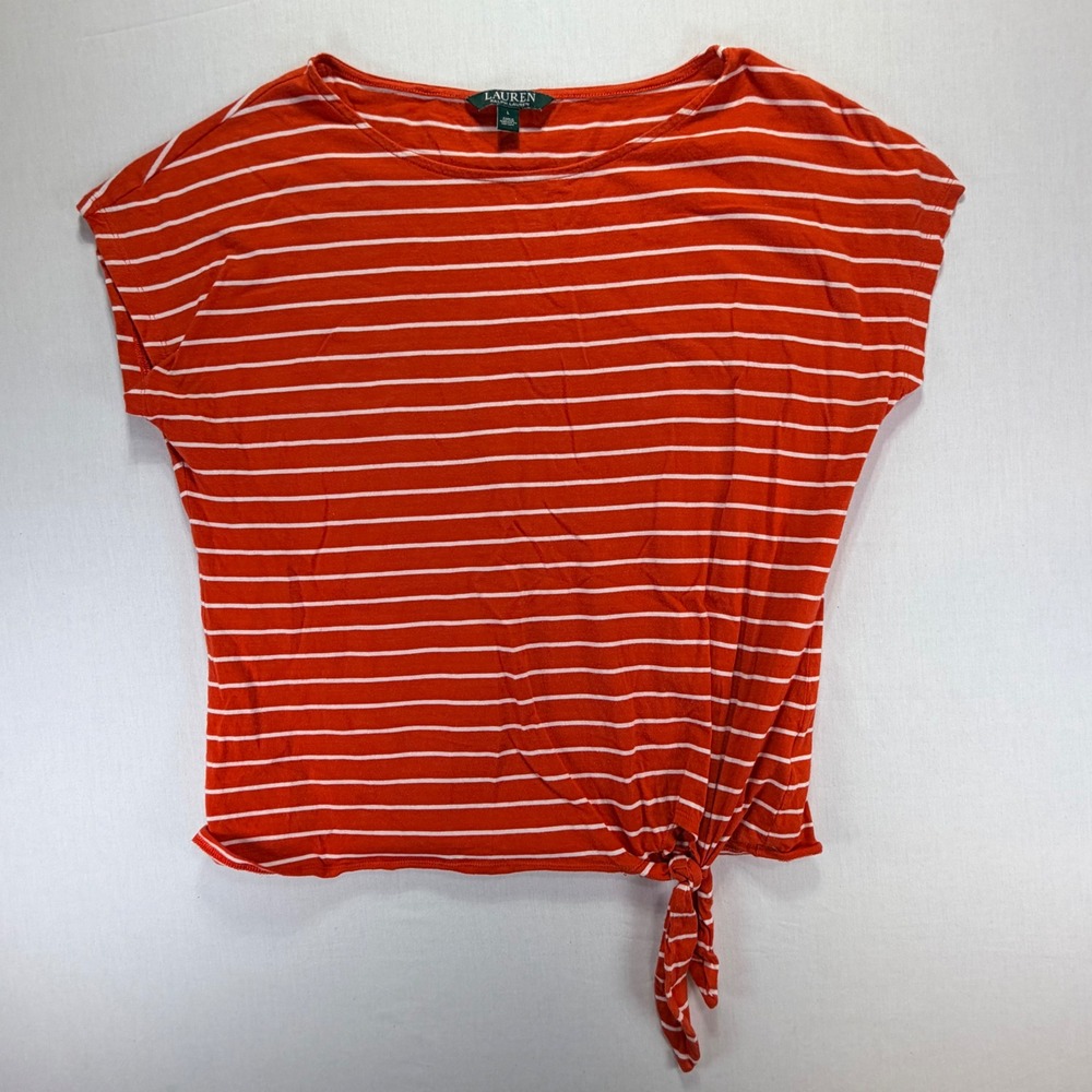 Lauren Ralph Lauren Women's Orange White Stripe Tie Front T‎ Shirt Top Size L